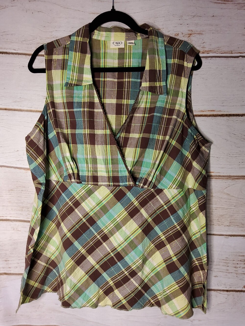 Cato Brown, Green & Teal Plaid Sleeveless V-Neck Top